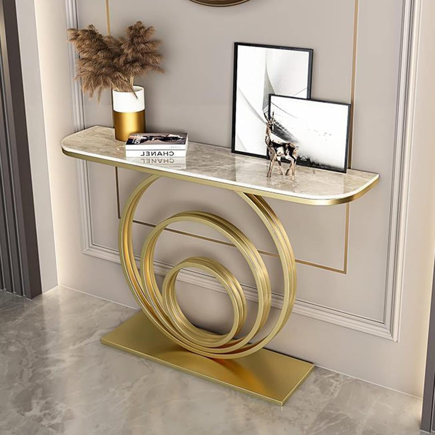 Glam Circle Top Slate & Abstract Metal Base Console Table