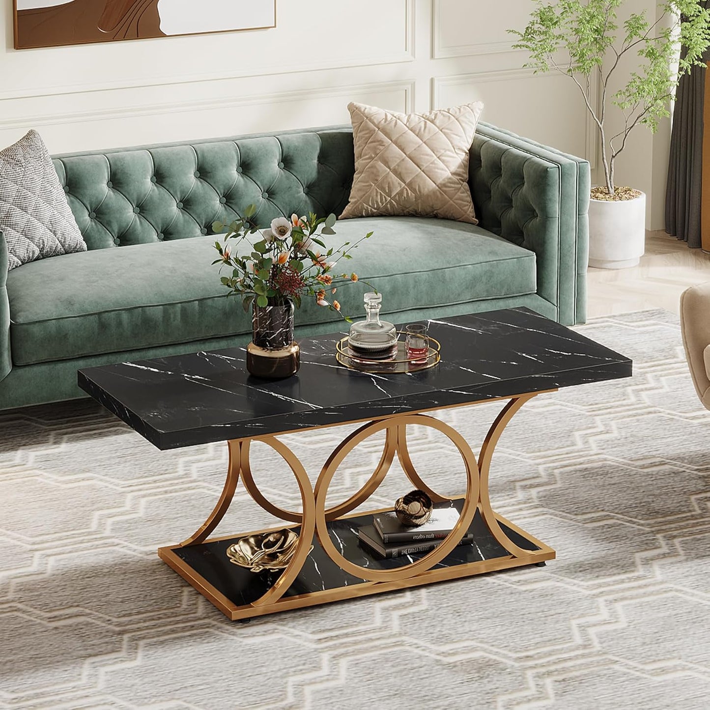 Rectangle Faux Marble Coffee Table With Shelf