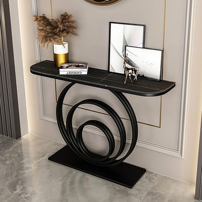 Glam Circle Top Slate & Abstract Metal Base Console Table