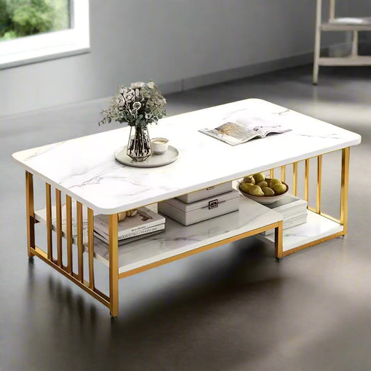 Rectangular Gold Finish Coffee Table With Shelf