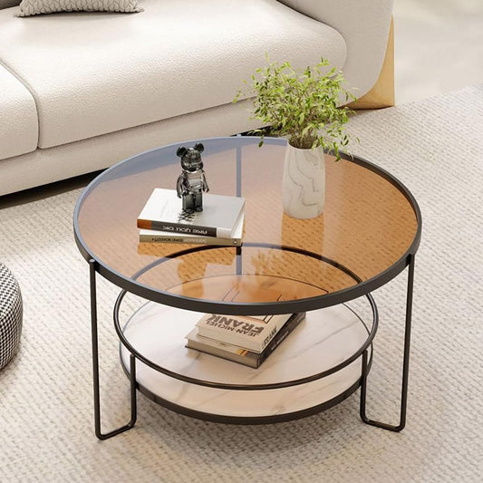 Round Coffee Table Glass Top and Bottom White Marble With Shelf