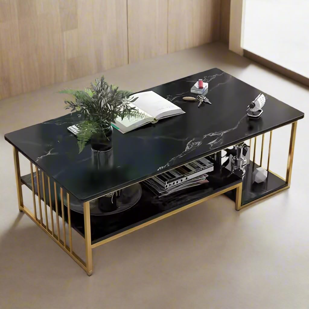 Rectangular Gold Finish Coffee Table With Shelf