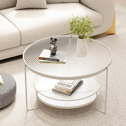 Round Coffee Table Glass Top and Bottom White Marble With Shelf