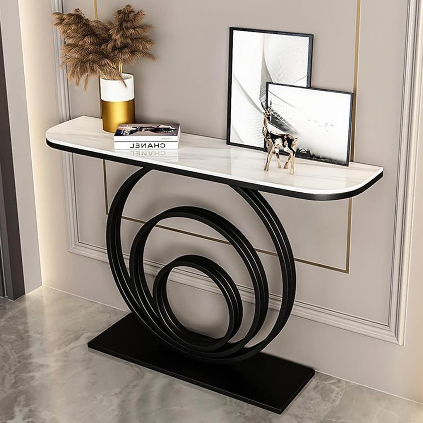 Glam Circle Top Slate & Abstract Metal Base Console Table