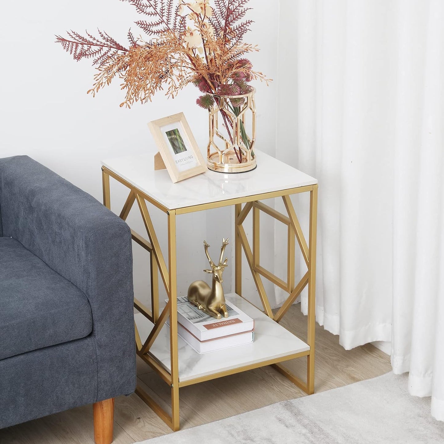 Square 2 Teir Sofa Side Table for Living Room with Shelves for Storage