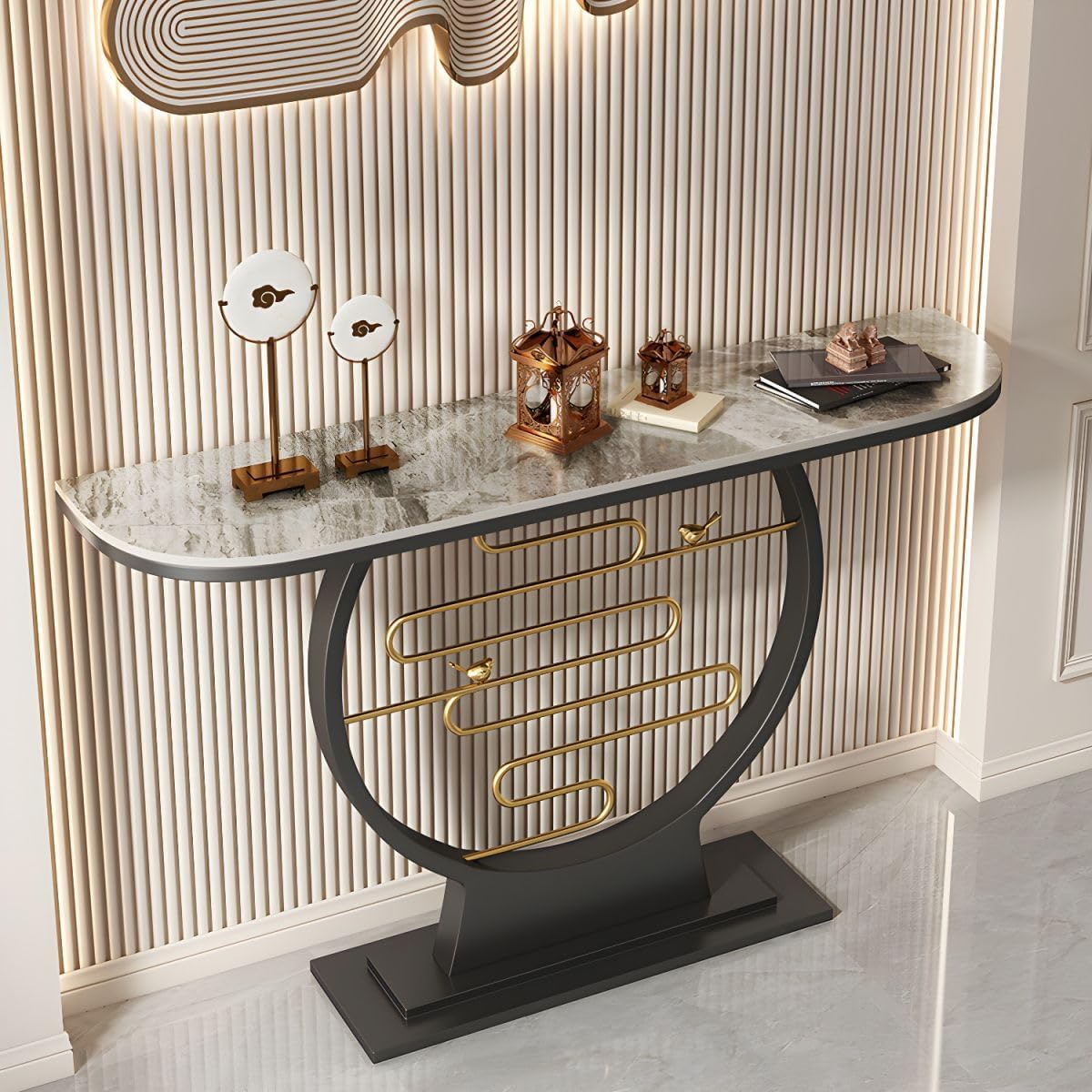 Scratch Resistant Glam Stone/Metal Entrance Table Modern Abstract Console Table