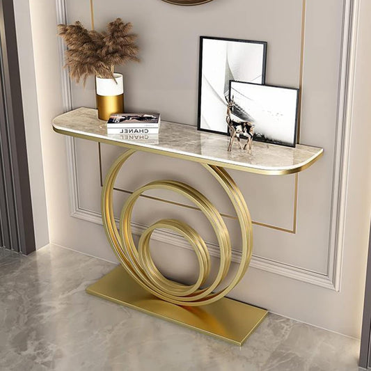 Glam Circle Top Slate & Abstract Metal Base Console Table