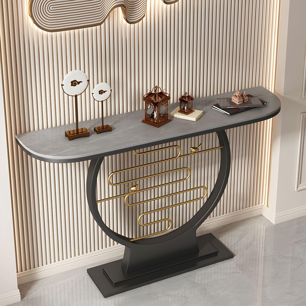 Scratch Resistant Glam Stone/Metal Entrance Table Modern Abstract Console Table