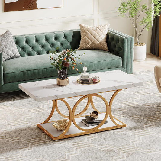 Rectangle Faux Marble Coffee Table With Shelf