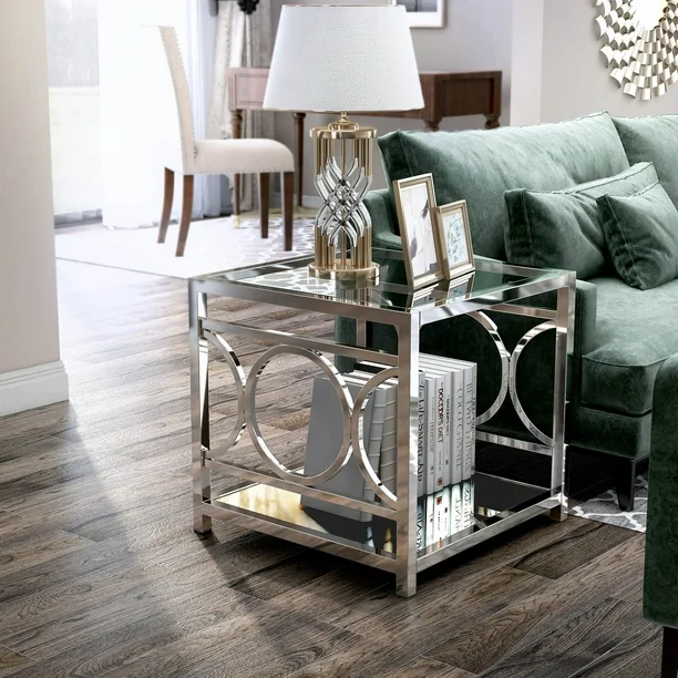 Contemporary Glass Top Metal Shelf Side Table