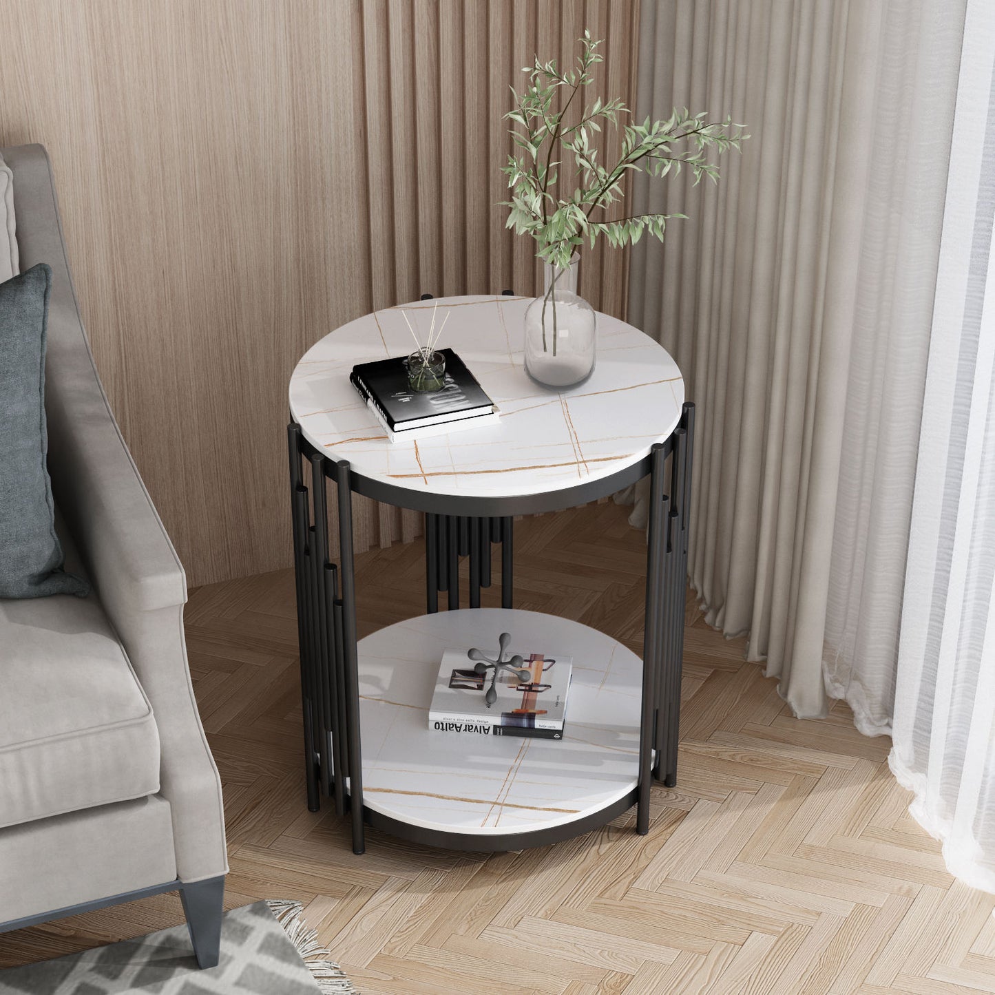 2 Tier Round Side Table With 3 Strip