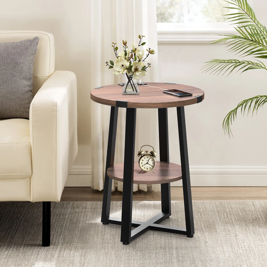 2-Tier End Table with Metal Legs With Side Storage