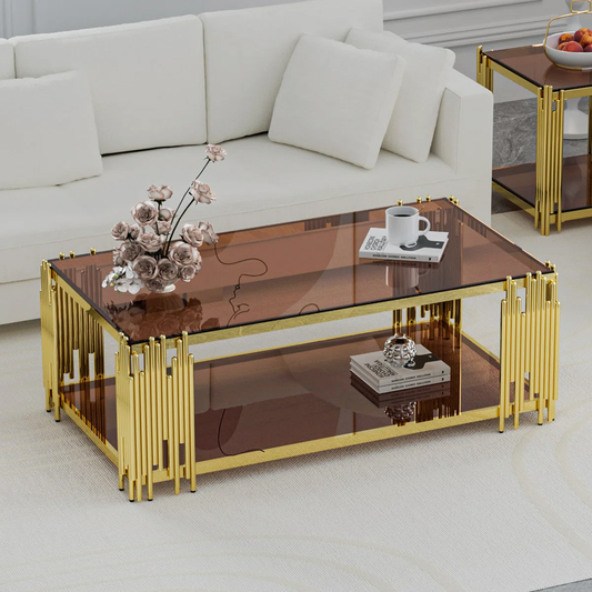 Rectangle 2 Tier Coffee Table With Shelf (Brwon+Cleared+Black Temperd Glass)