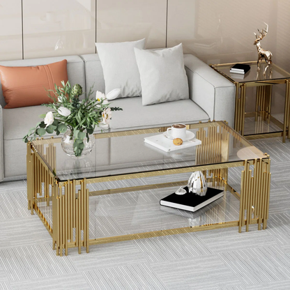 Rectangle 2 Tier Coffee Table With Shelf (Brwon+Cleared+Black Temperd Glass)