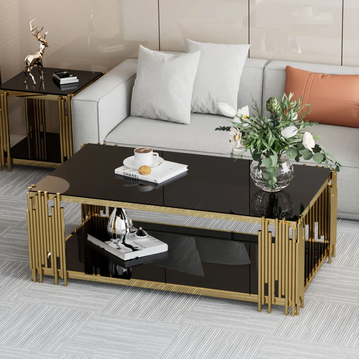 Rectangle 2 Tier Coffee Table With Shelf (Brwon+Cleared+Black Temperd Glass)
