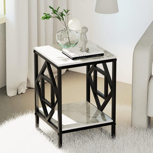 Square 2 Teir Sofa Side Table for Living Room with Shelves for Storage